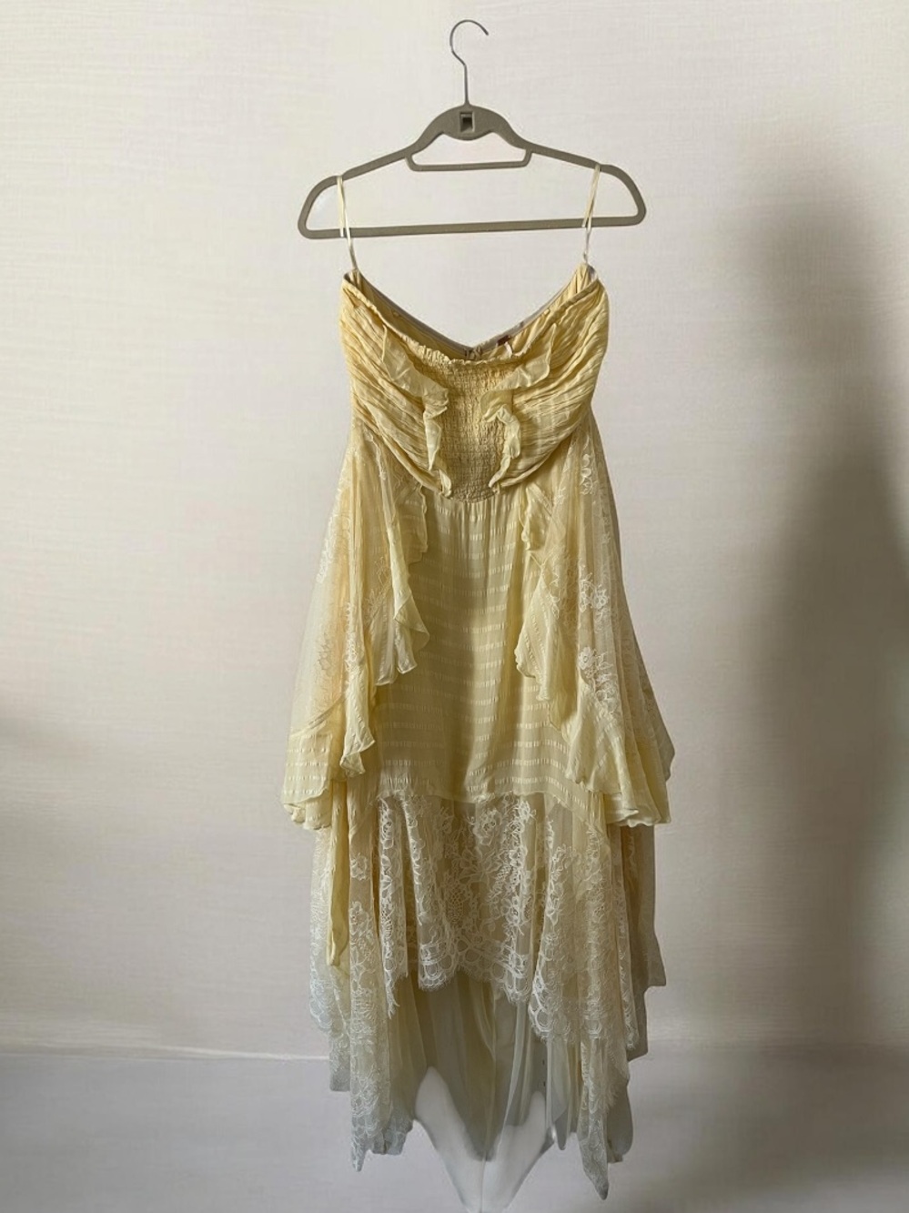 Free People Bliss Lace Kerchief Hem Strapless Maxi Dress Yellow Size Large - Picture 6 of 16